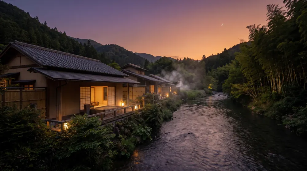 夕暮れの川沿いに並ぶ、灯りのともった離れの瓦屋根と、向こう岸の竹林
